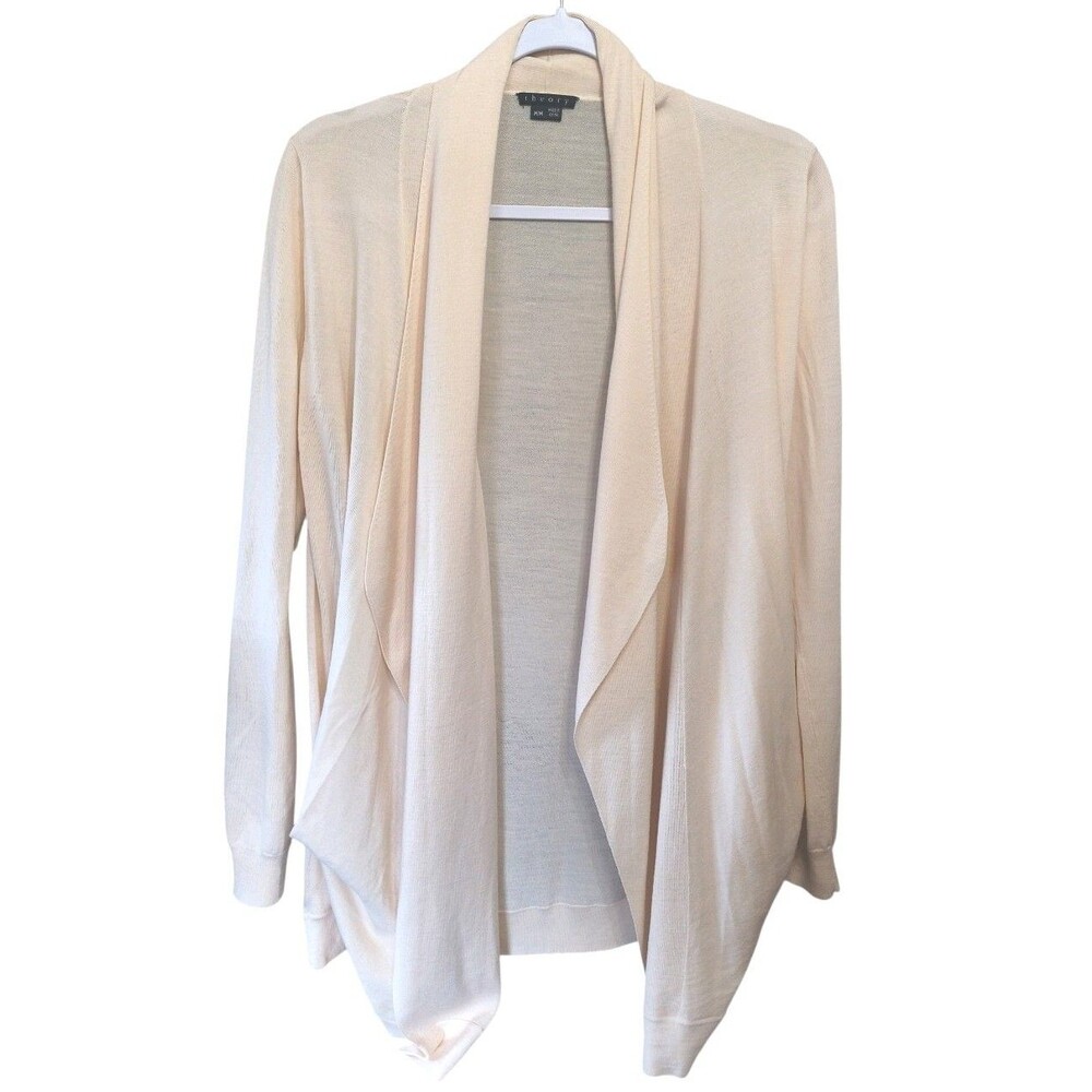 Theory Medium Aya Fluidity Cream Open Draped Front Cardigan Sweater Wool Silk